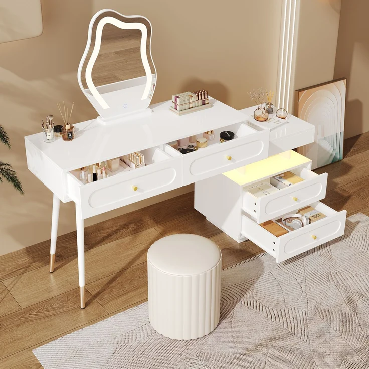 Abrihome Schminktisch mit LED, Weiß, 130x40x140 cm – Bild 5