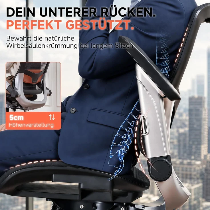 COMHOMA Bürostuhl, ergonomischer schreibtischstuhl mit Mesh, 2D-Kopfstütze, 4D-Armlehnen, Hohe Rückenlehne mit Wipp- & Feststell (90-125°), extra breite Sitzfläche, Belastbarkeit 180 kg, Schwarz – Bild 9