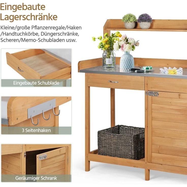 Yaheetech Pflanztisch mit Schubladen & Unterschrank, Blumentisch Gärtnertisch mit verzinkter Arbeitsplatte, wetterfest, 101 x 46 x 125 cm, Holzfarbe – Bild 9