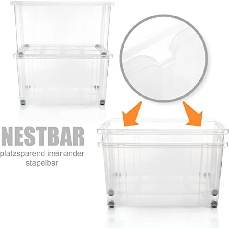 BigDean 4 Stück 60 L Aufbewahrungsbox mit Deckel groß transparent - stapelbare robuste Box - rollbare Stapelbox mit festen Klickverschlüssen - Made in Germany – Bild 7