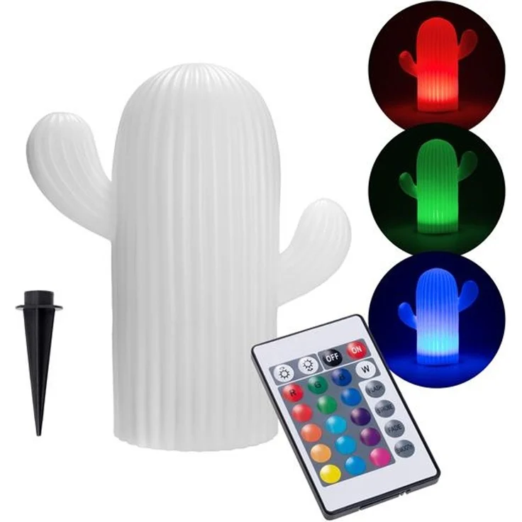 Solar Dekoleuchte für den Garten | moderne Solarleuchte für außen mit Fernbedienung | RGB – Farbwechsel | kabellos | dimmbar | 3 Lichtmodi | weiß-matt (Kaktus) – Bild 1