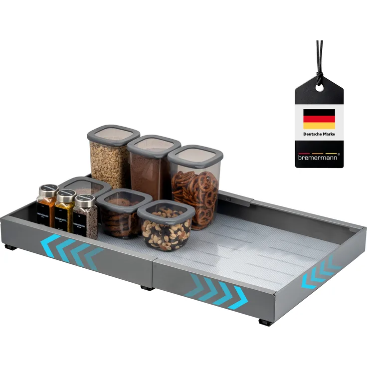 Teleskopschublade mit Einlegeboden, ausziehbar, Breite von 43-67 cm, zum Kleben oder Bohren, aus grauem Metall