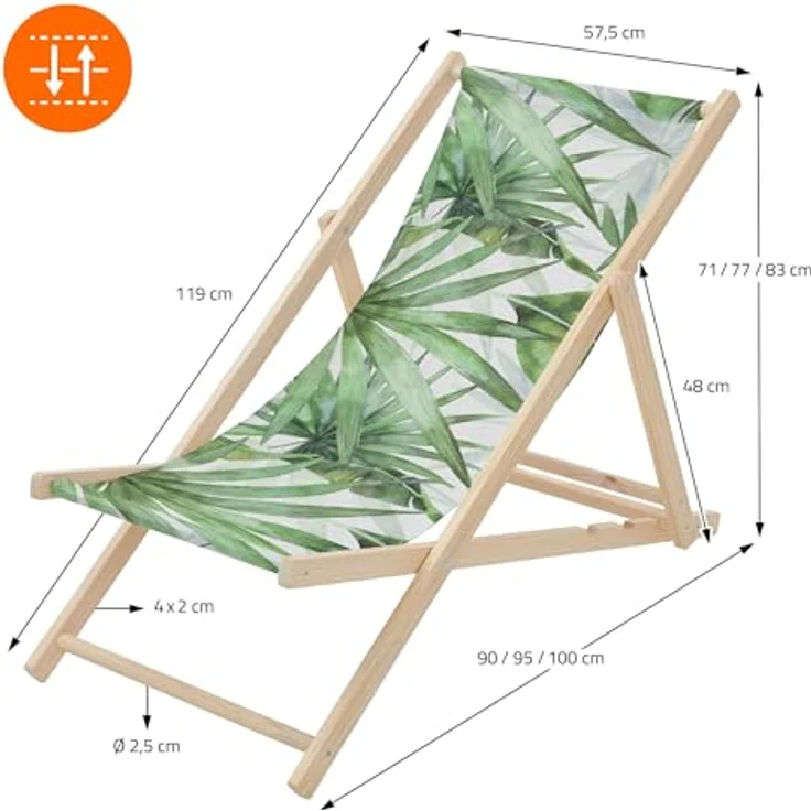 ECD Germany Gartenliege Holz Liegestuhl, 2er Set klappbare Strandliege mit 3-fach verstellbarer Rückenlehne, Grün-Weiß mit Palme – Bild 3