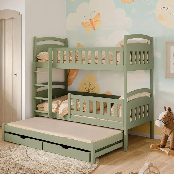 Kids Collective Etagenbett Hochbett Stockbett Kinderbett 90x200 cm mit Ausziehbett und Schubladen, Umbaubar zu 3 Einzelbetten mit Lattenrosten & Rausfallschutz, Olivgrün – Bild 1