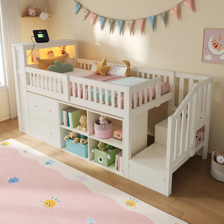 Halbhohes Bett, 90 x 200 cm, mit Schubladen, Staufächern, Leiterschrank, LED-Beleuchtung, Matratze nicht inbegriffen, Weiß – Bild 4