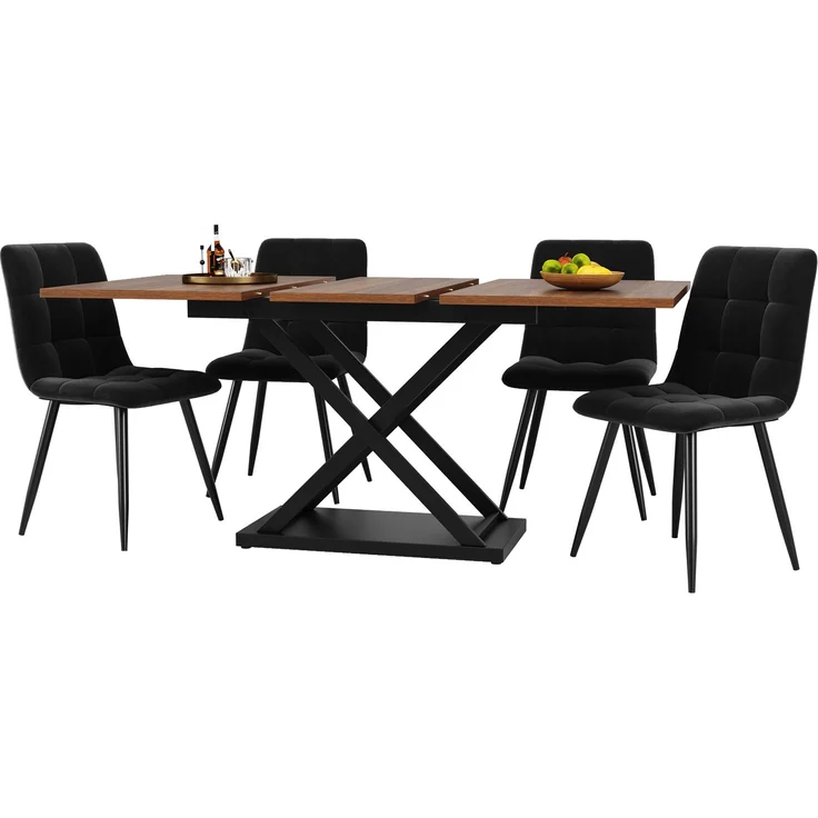 Esstisch Set mit 4 Stühlen Ausziehtisch 120-160x80 cm Metallkreuzbeine Samtstühle Essgruppe Küchentisch Esszimmer Walnuss & Schwarz – Bild 7