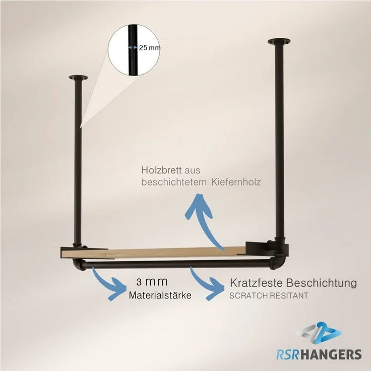 RSR Hangers Garderobenständer Kleiderstange Garderobe "MIK II" mit Kiefernholablage Deckenmontage – Bild 3