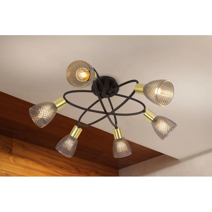 näve Deckenleuchte Lindita, ohne Leuchtmittel, 6er Spot, Relief-Glasschirm smokey, Gestell messing matt, 6x E14 exkl. – Bild 1