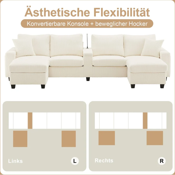 Cord-Sofa mit 2 Stauraumhockern, Leselampe, Klappkonsole, App-LED und USB-C, U-förmige Lounge-Couch mit Getränkehalter, Beige – Bild 24