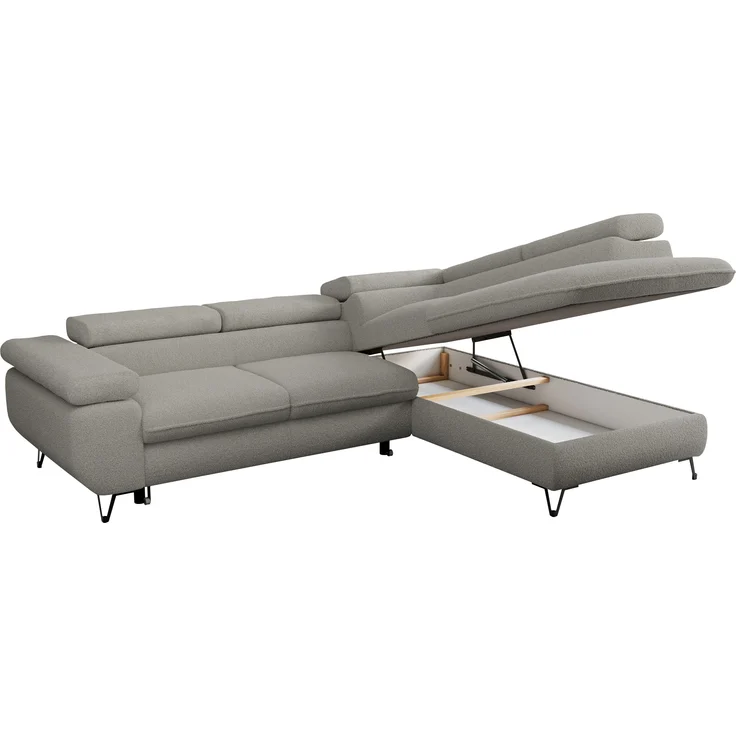 Mks Möbel 'Peter L-form' Ecksofa mit Bettfunktion, Bettkasten & einstellbaren Kopfstützen, Hellgrau, Boucle, mit Topper, rechts – Bild 5