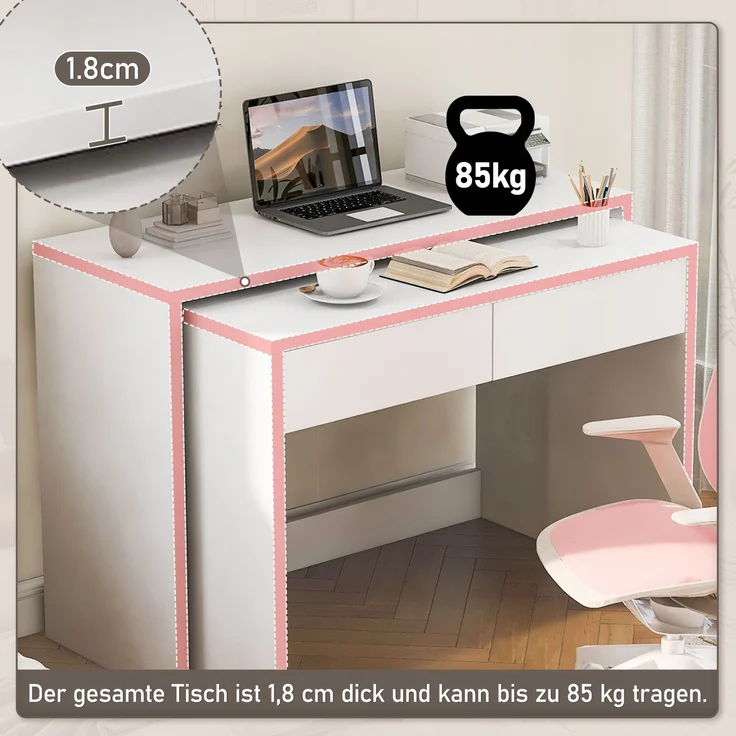 Regalschreibtisch + Kommode-2-in-1 Kompaktschreibtisch, ausziehbar,der gesamte Tisch ist aus 1,8 cm starkem Holz gefertigt, mit Rollen ausgestattet, flexibel kombinierbar,Faltbarer Schreibtisch – Bild 4