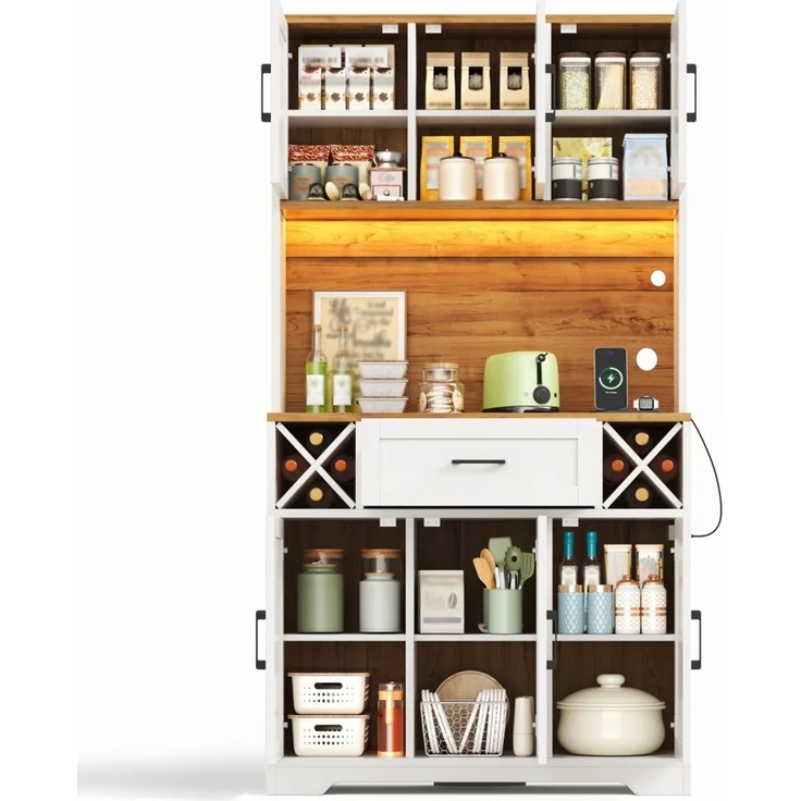 Küchenschrank, hoher Stauraumschrank mit LED-Beleuchtung, Vorratsschrank mit Weinregalen, Weinschrank & Vitrinenschrank für Wohnzimmer und Esszimmer, 180 × 105 × 40 cm--Natur + Weiß1--105x40x180cm--YOUDENOVA – Bild 9