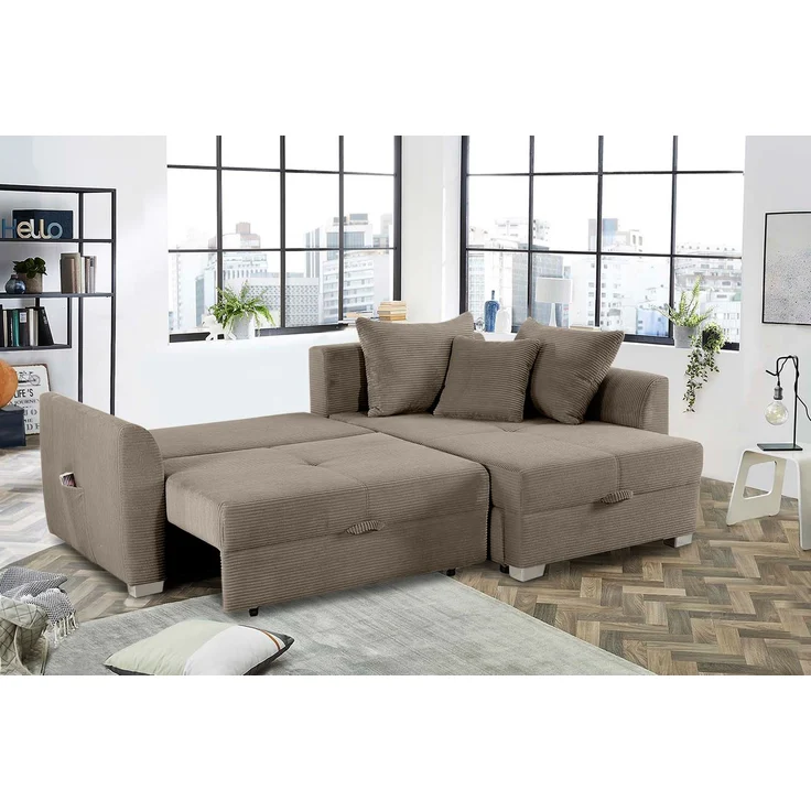 Ecksofa L-Form Couch Polsterecke Schlaffunktion Bettkasten in Cord Braun Taupe – Bild 3
