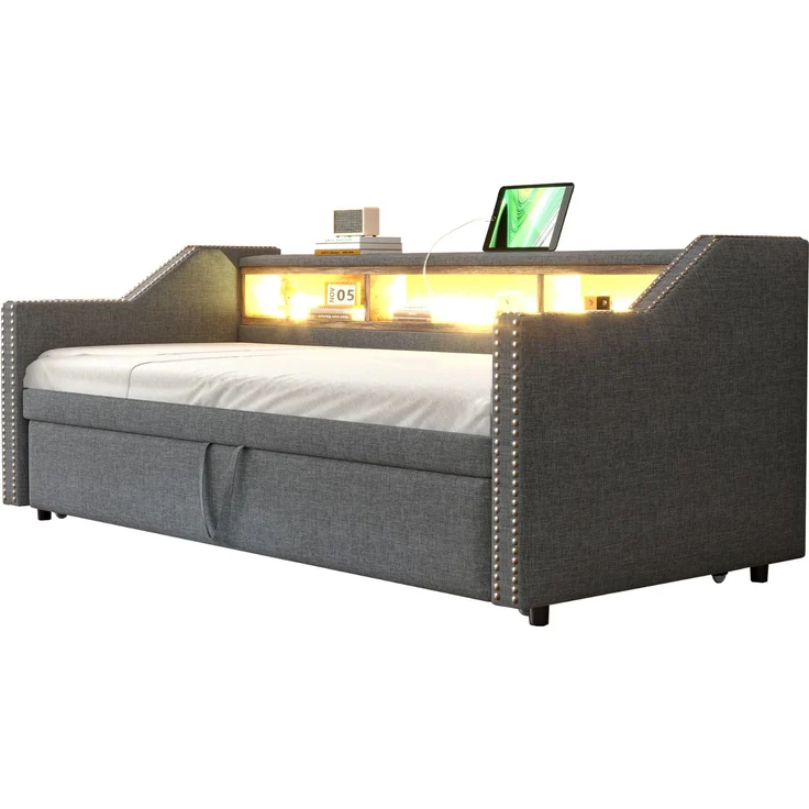 Polsterbett Ausziehbares Schlafsofa 90/180 x 190 cm, Multifunktionales Staufach, LED-Licht und USB-Buchse, mit Lattenrost, Dunkelgrau – Bild 4