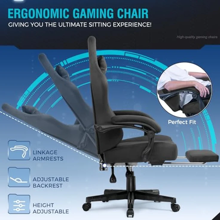 GTPLAYER Gaming Stuhl, Atmungsaktiver Bürostuhl, bürostuhl ergonomisch, Hochwertiger - Stoff, Ergonomischer PC Stuhl, 160° Verstellbare Rückenlehne und ausziehbare Fußstütze, Grau – Bild 10