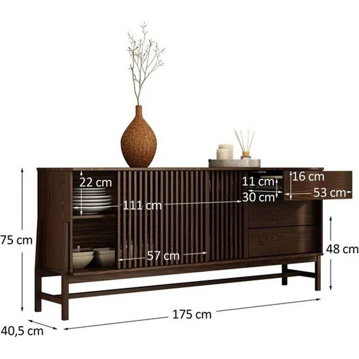 IDIMEX Sideboard ADAMO, Kommode 175 cm aus Massivholz mit Lamellenschiebetüren Nussbaum Finish – Bild 4