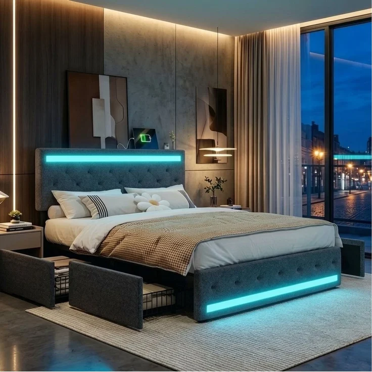 PXloue Polsterbett LED Doppelbett 140x200cm mit Ladefunktion und 4 Schubladen Polsterbett (Geeignet für Jugendliche und Erwachsene), Stauraumbett, mit RGB-LED, Lattenrost und praktischen Schubladen – Bild 1