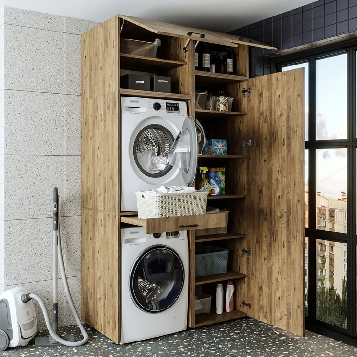 Roomart Waschmaschinenschrank & Trocknerschrank – SERIE DUO-I- 127 cm breit - Trockner auf Waschmaschine – Waschturm / Überbauschrank für Waschküche & Hauswirtschaftsraum • Eiche – Bild 3