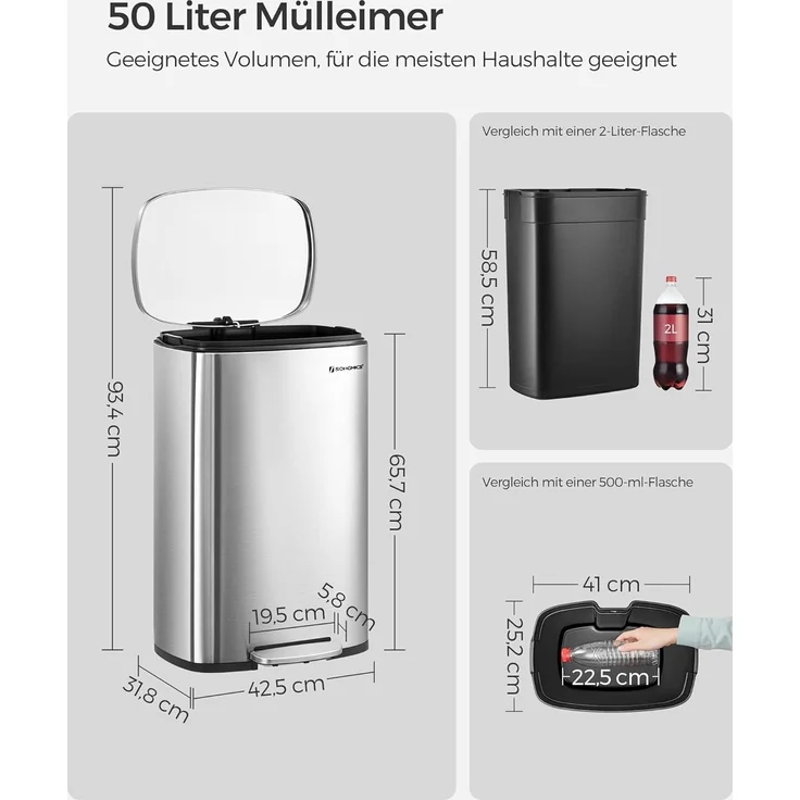 Songmics Mülleimer mit Deckel und Softclose, Stahl, 42,5 x 31,8 x 65,7 cm, 50 Liter, Silbern – Bild 5