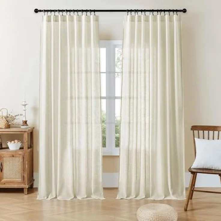 Joydeco Halbtransparente Vorhänge für Wohnzimmer, Leinen-Vorhänge, 244 cm Länge, 2 Paneele, Set für Schlafzimmer, weiße Vorhänge, 244 cm Lange Stangentaschen, Schlaufen auf der Rückseite (L x B): 244 – Bild 1
