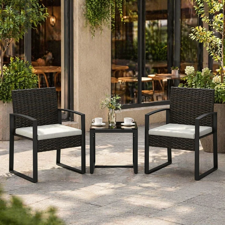 Gartenstuhl-Set mit Beistelltisch, 40x40x40 cm, Creme-Grau, Polyrattan und Stahl, 3-teilig – Bild 2