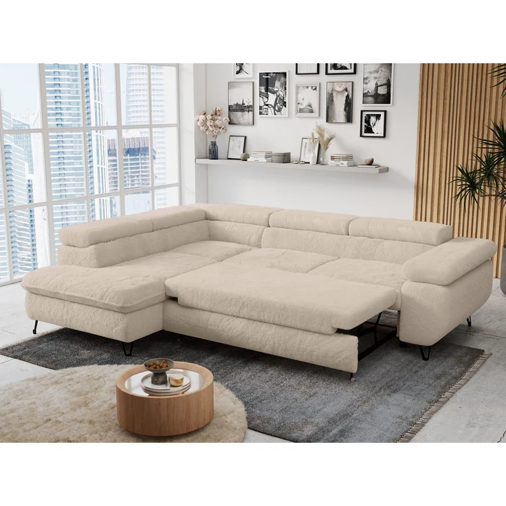 Ecksofa mit Bettfunktion, Modern Sofa, L-form, Einstellbare Kopfstützen, Bettkasten - PETER - Creme Plüsch - links – Bild 5
