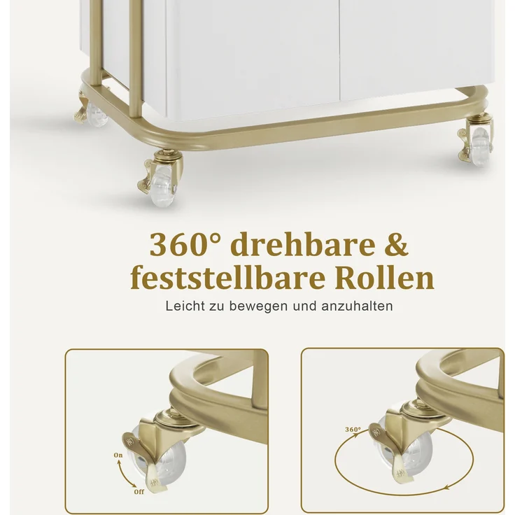 M MCombo Servierwagen mit Rollen & Schublade, Rollwagen Friseurwagen Weiß-Gold, Salon Trolley mit 2 Ablagen und Schrank, 0086 – Bild 6