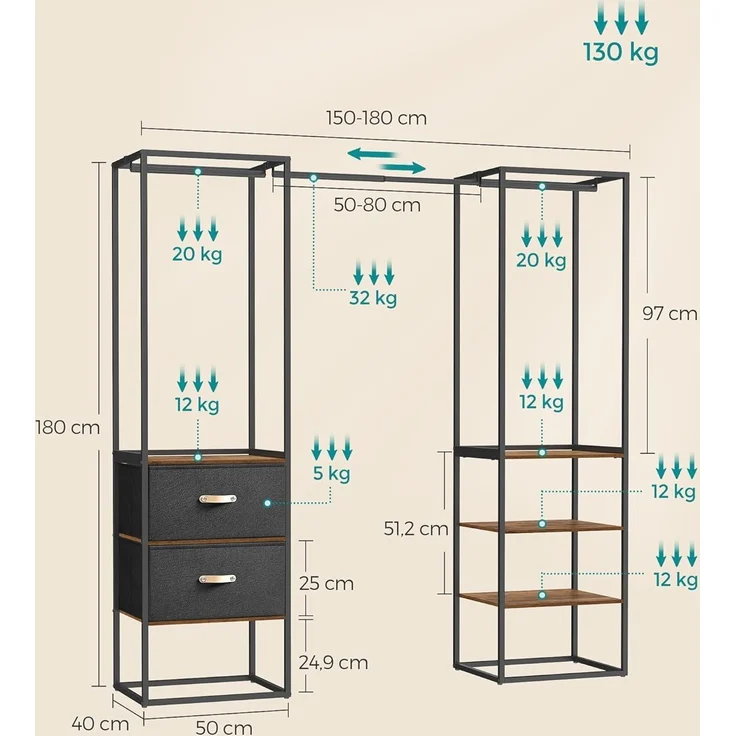 Songmics Kleiderschrank Kleiderständer hochbelastbar, 2 Schubladen, 4 Ablagen, braun – Bild 4