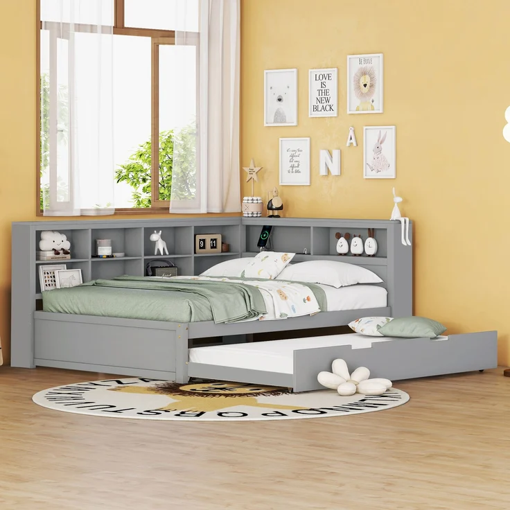 Multifunktionales Schlafsofa Grau 140x200 Mit Ausziehbett USB Ladesteckdose Stauraum Massivkiefer Doppelbett Gästebett Wohnzimmer Kompakt – Bild 2