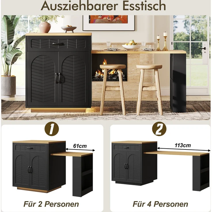 Kücheninsel 80x70x95,5 cm in Schwarz mit Ausziehtisch, Stauraum und Weinregal – Bild 9
