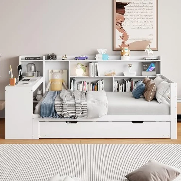 Odikalo Ausziehbett Daybett Schlafsofa Schreibtisch Regal Ablagefach Weiß/Grau 90/140 – Bild 6