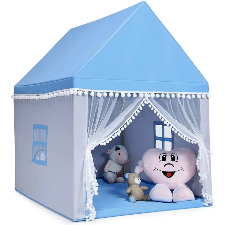 COSTWAY Prinzess Prinzessin Kinderzelt, Stoffzelt / Massivholzrahmen / Baumwolldecke blau, 120 x 105 x 140 cm