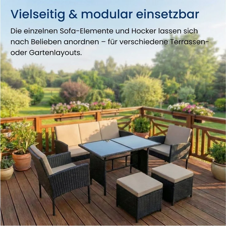 Home Collective Gartenlounge-Set Gartenmöbel Set 7-Sitzer Outdoor Sitzgruppe Möbel Lounge Polyrattan, (inkl. Esstisch mit gehärteter Glasplatte), 3-Sitzer Sofa, 2 Stühle, 2 Hocker Polyrattan Schwarz graue Kissen – Bild 3