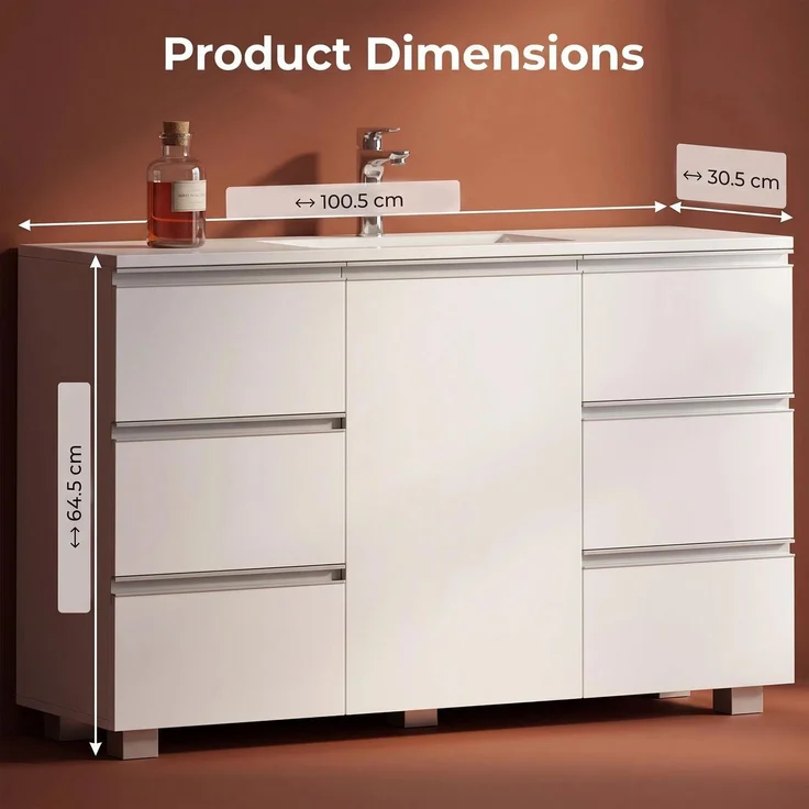 Halupeit Weißer, freistehender Badezimmerschrank mit 6 Schubladen und 1 Tür sowie einem verstellbaren Einlegeboden; Maße: 100,5 x 30,5 x 64,5 cm. – Bild 4