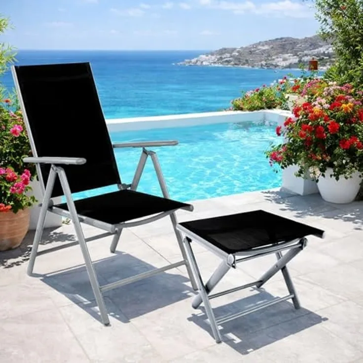 Garten Klappstuhl Aluminium - Textilen Silbergrau/Schwarz + Fußhocker