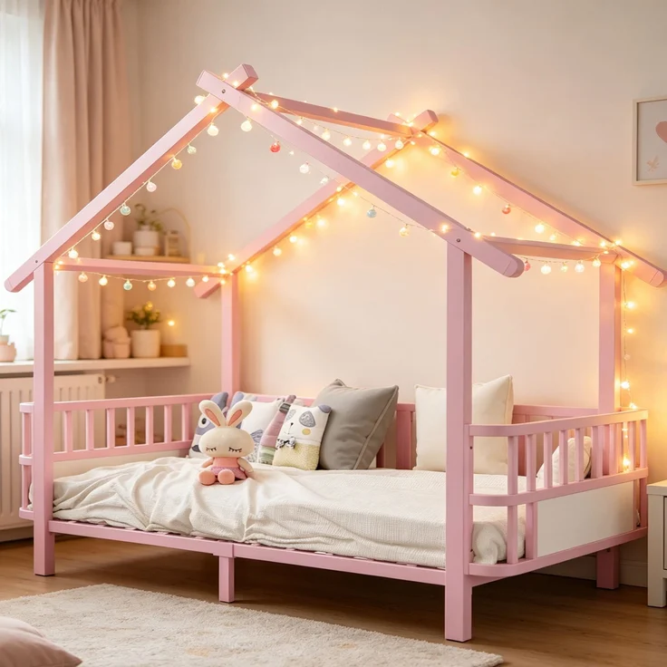EINHOM Kinderbett aus Metall in Hausform, 90 x 200 cm, mit Sicherheitsgitter, Dachdesign und Dekorativem Rahmen, für Jungen und Mädchen, Metall, Rosa, (Ohne Matratze) – Bild 1