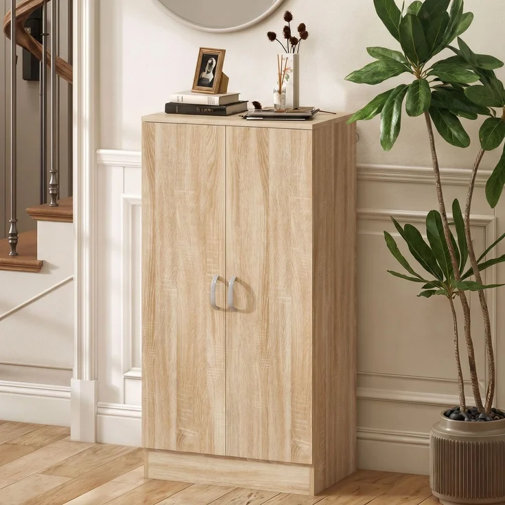 Schuhschrank mit 2 Türen, 6 verstellbare Regalböden, Soft-Close-Scharniere für 14 Paar Schuhe, Naturholz--Naturholz--108x35x55cm--YOUDENOVA – Bild 3