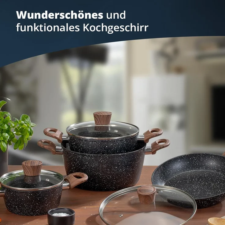KHG Topfset 7-teilig aus geschmiedetem Aluminium in Marmoroptik mit ergonomischen Griffen in Holzoptik | 3 Glasdeckel | Kochgeschirr Topf- und Pfannenset induktionsgeeignet | Antihaftbeschichtung… – Bild 6
