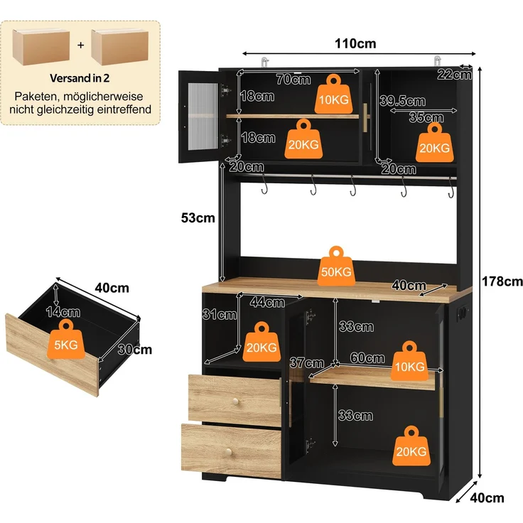 178 cm Küchenschrank, Hochschrank mit LED, Küchenregal mit Steckdose, Vitrine mit Türen aus gehärtetem Glas, Weinregal, Schwarz mit Holzoptik verstärkter Arbeitsplatte--Schwarz--110x40x178cm--YOUDENOVA – Bild 3