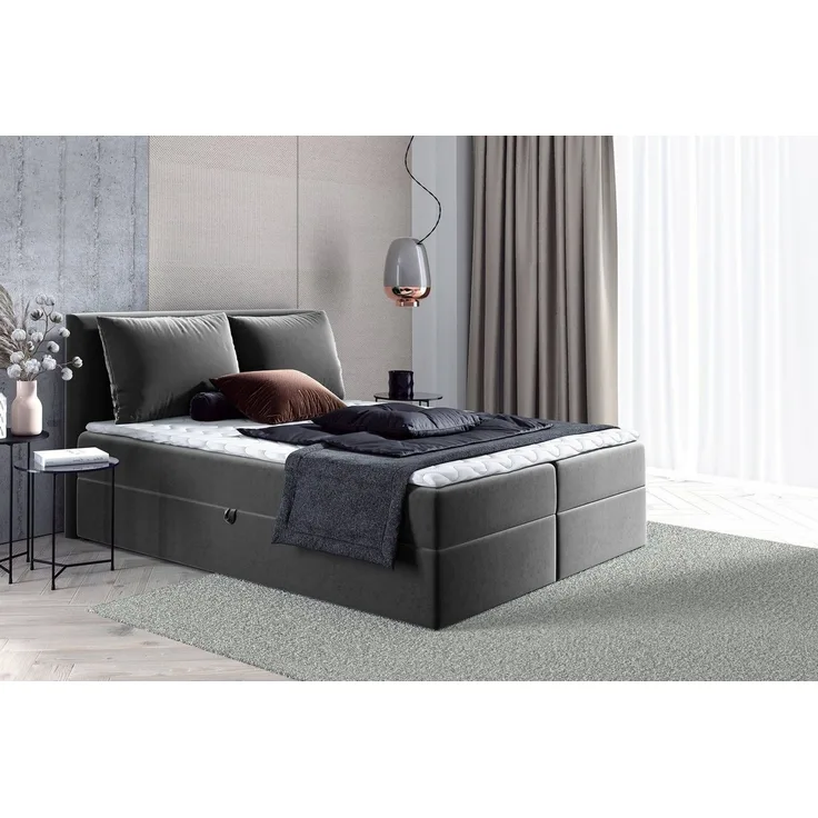 Boxspringbett Egro mit 2 Bettkästen und Zwei große Kissen - Doppelbett mit Bonell-Matratze und Topper, Polsterbett (Dunkelgrau (Kronos 22), 180 x 200 cm)