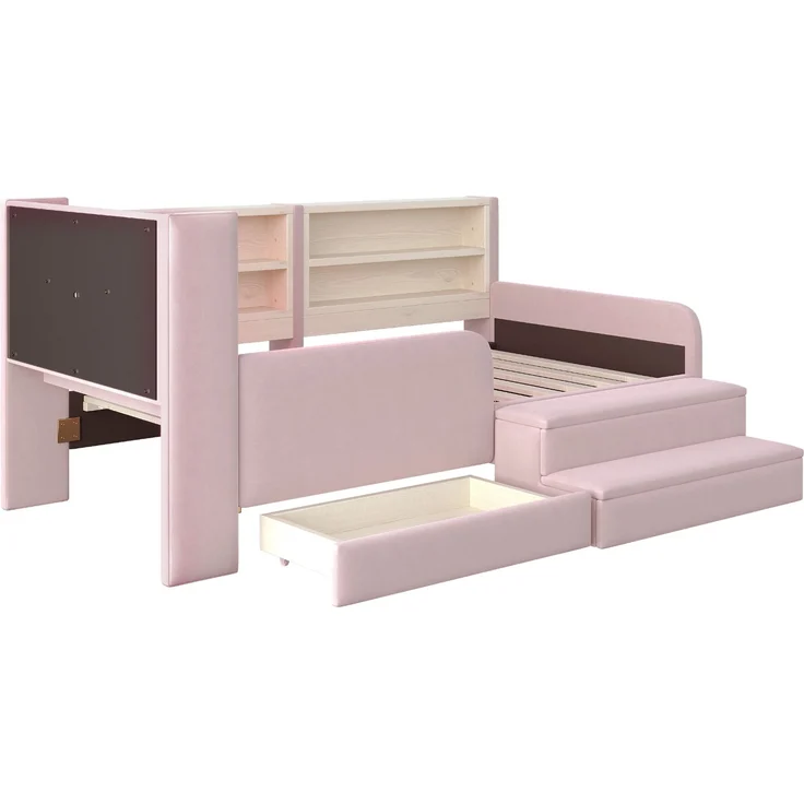 ZUBALIYA Polsterbett, mit Schubladen, mit Stauraum, mit LED-Beleuchtung, mit USB-Anschluss, inklusive Lattenrost, Liegefläche 90 × 200 cm, H 85 × T 218 × B 108.5 cm, Rosa, Samt – Bild 17