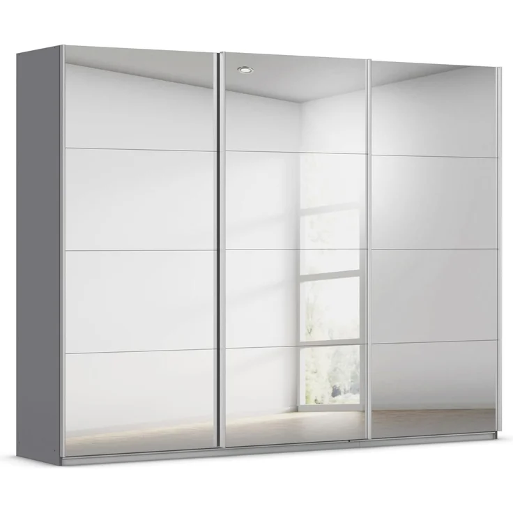 Rauch Möbel KULMBACH, Schwebetürenschrank, Grau metallic, Breite 271 cm | Kleiderschrank mit Schwebetüren, Schiebetüren, 3-türig, mit Spiegel, Zubehör Classic, Schlafzimmer, Jugendzimmer, Garderobe