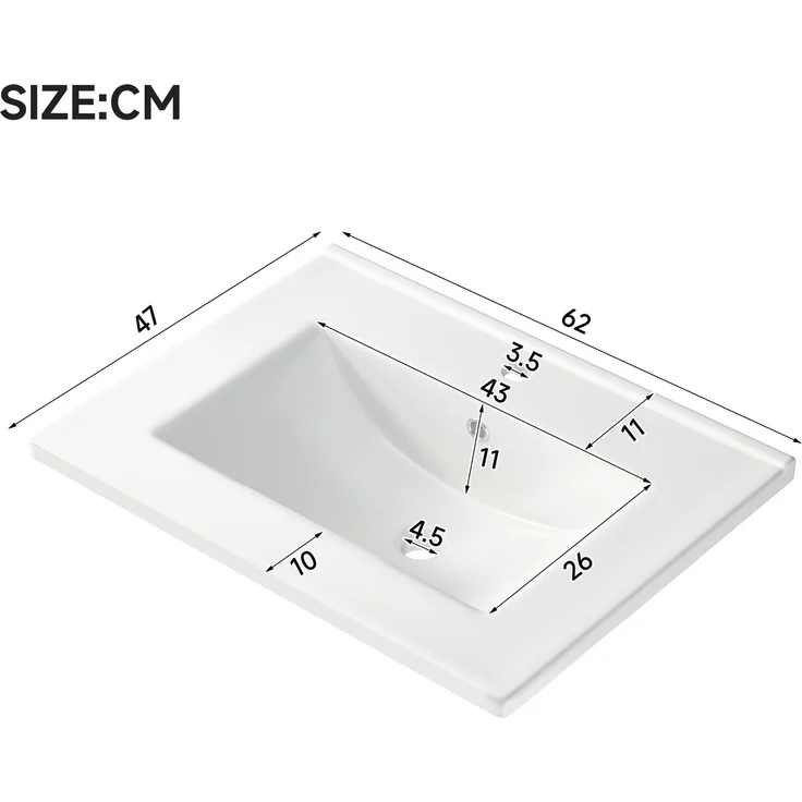 62*47*90cm, freistehender Badezimmerwaschtisch, auslaufsicheres Keramikbecken, komplett lackierte Oberfläche, drei Schubladen + eine Tür für viel Stauraum, geräuscharme Auszugsschienen, Scharniere mit – Bild 6