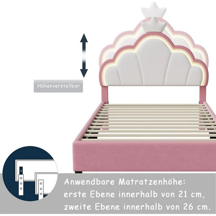 FUROKOY Polsterbett Kinderbett Kronenbett anhebbarem Kopfteil Kronenform (Einzelbett Bettgestell Nettes und verträumtes Mädchen Bett Rosa/Weiß), 90x200 cm,Geeignet für Jugendliche und Kinder,Samt – Bild 4