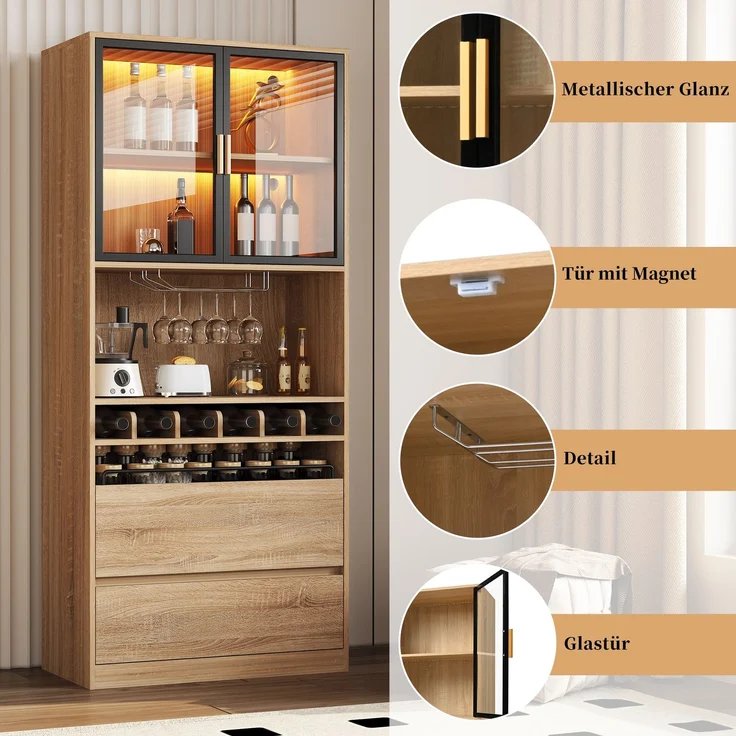 Badezimmerschrank,Spirituosenschrank,Vitrine Vitrinenschrank mit Glastüren und Beleuchtung 180 CM – Bild 8