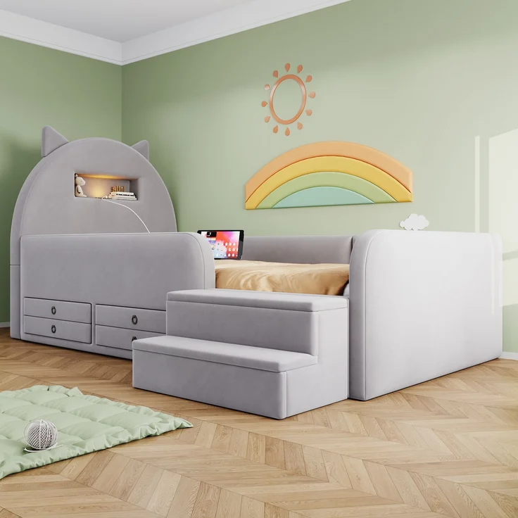 LVHOM Kinderbett 90x200cm mit Rausfallschutz, Polsterbett mit Nachtlicht, USB, Schubladen und Stufenbank, Samt, Hellgrau – Bild 4