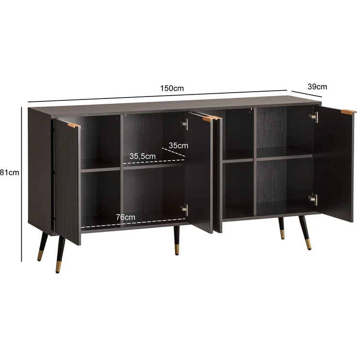 FINEBUY Sideboard FB104685 (150x81x39cm Anrichte, Schwarz Eiche-Dekor), Kommode Türen Standschrank, Hoher Kommodenschrank – Bild 3