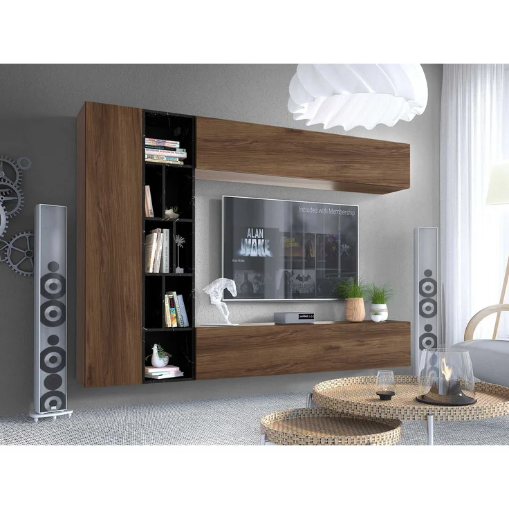 Wohnwand Kodita (Farbe: Nuss Warmia / Marmor Schwarz) – Bild 3