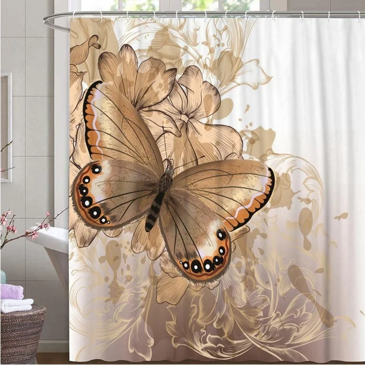 M&W DAS DESIGN Duschvorhang 180x200 Shower curtains Anti schimmel Waschbar golden Schmetterling – Bild 3