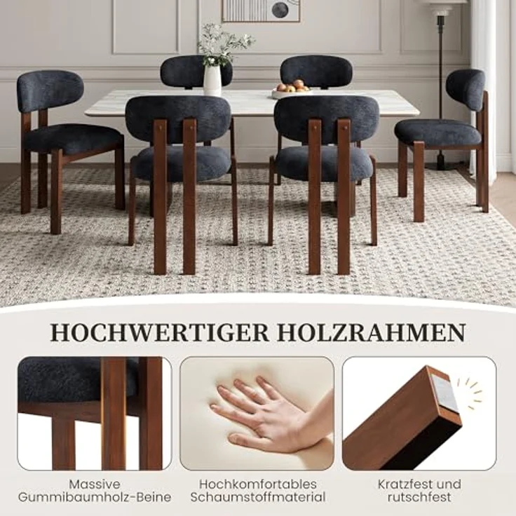 MALOL Esszimmerstühle 2er Set, Moderne Polsterstuhl Essstühle mit Holzbein, Stoff Esszimmerstühl mit Fester Rückenlehne für Esszimmer, Küche, Restaurant, Mit dunkelbraunen Beinen, Dunkelblau – Bild 6